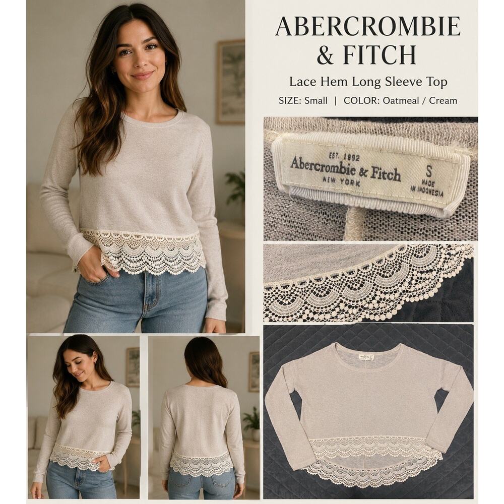 Y2K Abercrombie & Fitch W Oatmeal Long Slv Crochet Lace Hem Boho Cottagecore S